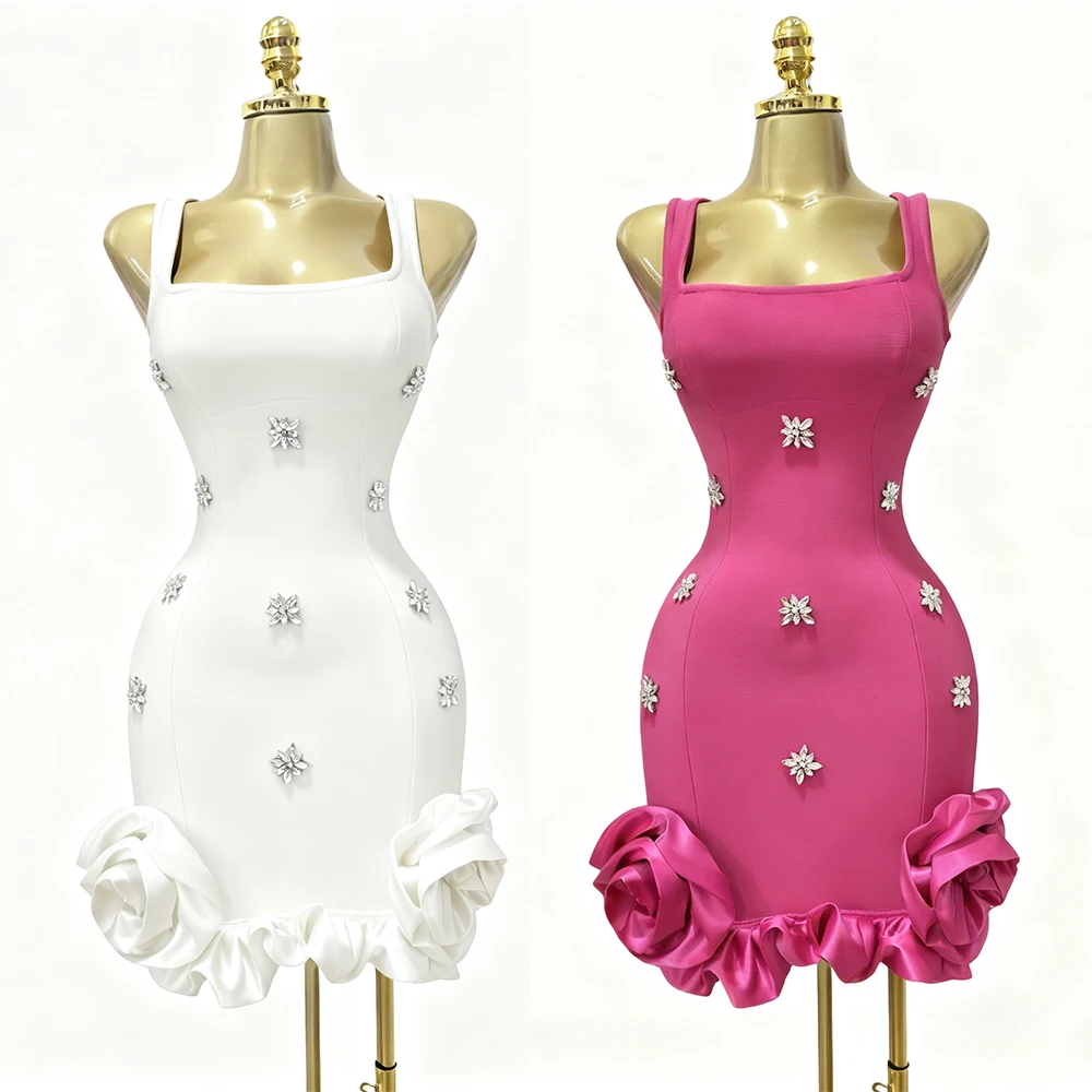Minivestido Sexy Floral 3D ceñido con diamantes de imitación, sin mangas, sin espalda, con volantes, vestidos cortos de lujo, trajes de fiesta de noche y cumpleaños