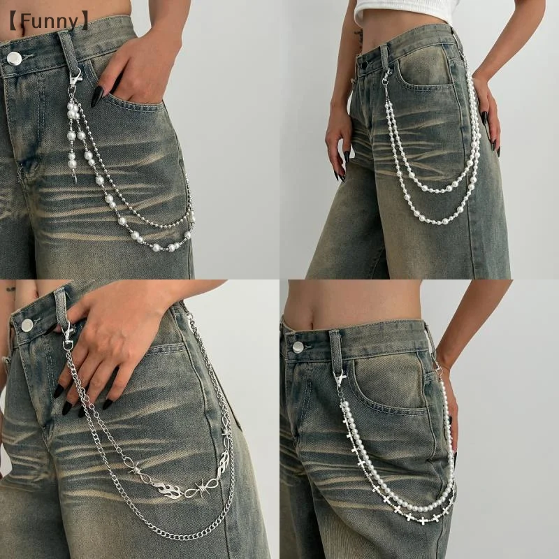 〔Funny〕Hip Hop Multilayer Imitation Pearl Cross Charm Jeans Pants Chain Personalized Waist Chain Fashion Wallet Chain Belt Decor