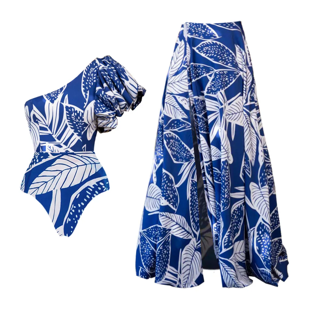 Maillot de bain une pièce bleu pour femme, imprimé à volants, vêtements de plage de vacances, bikini de luxe, ensemble de maillots de bain imbibés