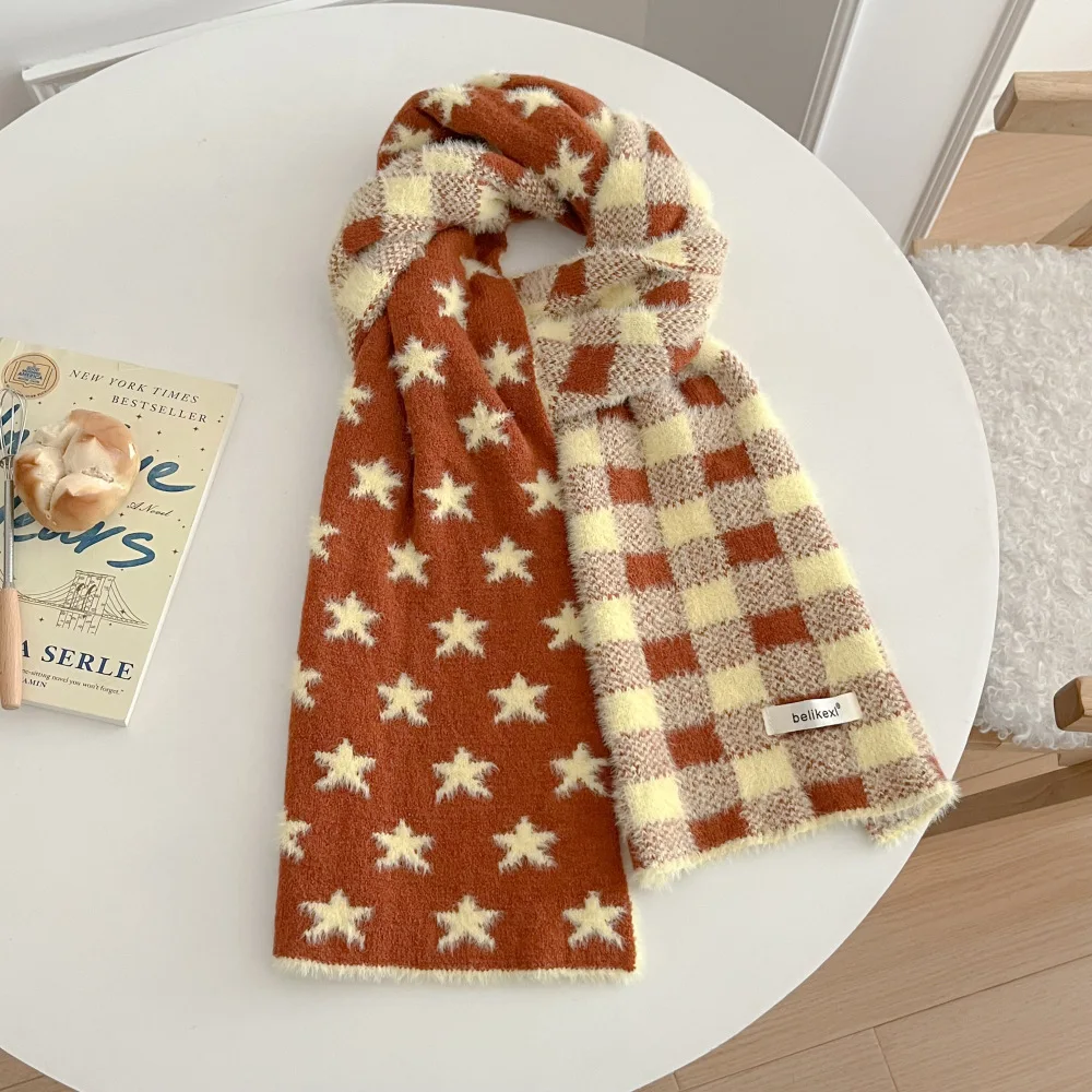 Mint Green Star Double Sided Plaid Scarf Women Autumn Winter  Faux Cashmere Shawl