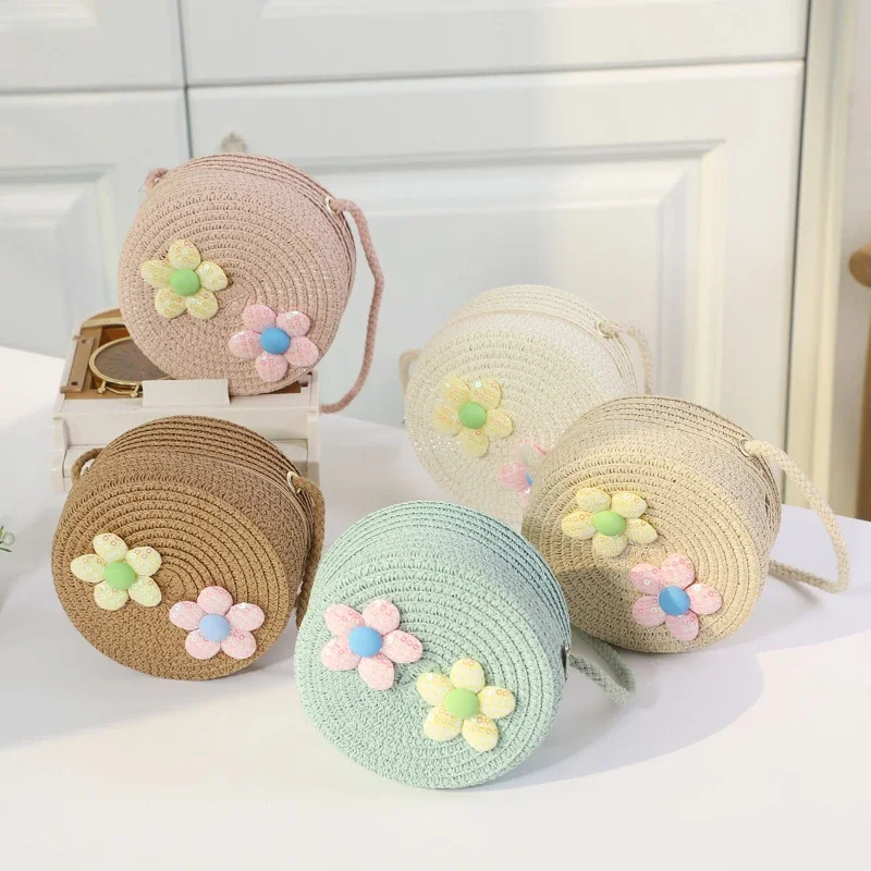 Fashion Round Woven Bow Girls Crossbody Bag Simple Baby Kids Beach Purse Clutch Casual Straw Flower Children\'s Shoulder Bags