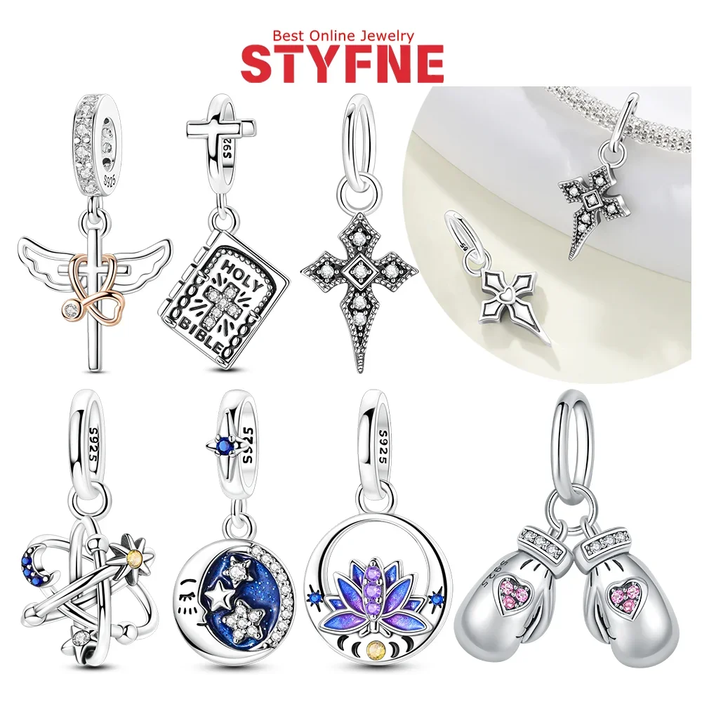 

Charms 925 Silver Star Moon Shining Zircon Cross Bible Boxing Gloves Beads Pendant Fit Diy Original Bracelet Women Jewelry Gift