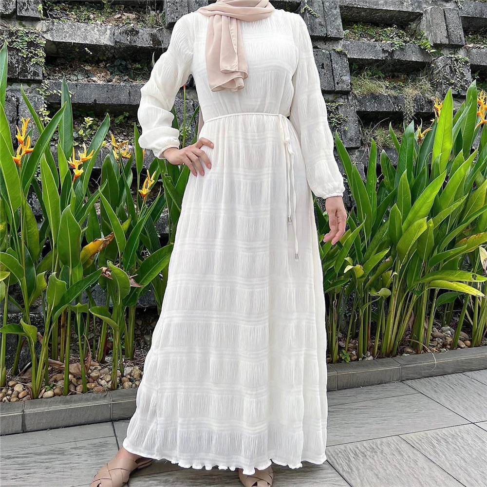 Elegant Women Muslim Pleated Chiffon Abaya Long Sleeve Maxi Dress Turkey Arab Kaftan Party Eid Jalabiya Caftan Vestidos Clothing