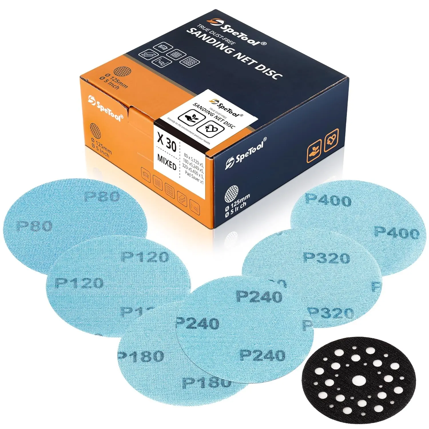 

SpeTool 5 Inch Sanding Disc Net with Sander Pads Saver, 30 Pieces Mesh Sandpaper Discs, Dustless Hook and Loop Design for Wood