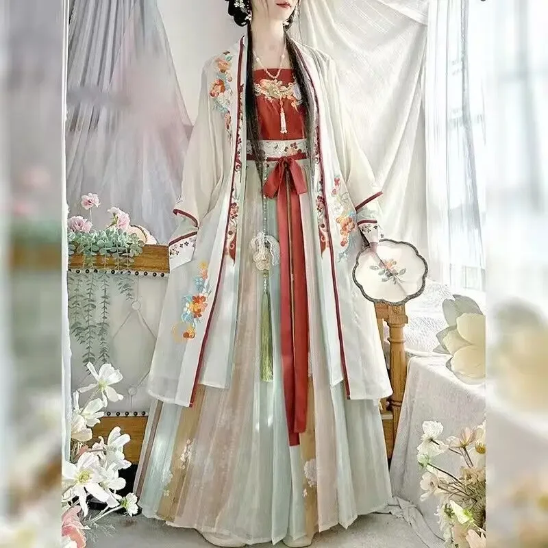 2024 платье Hanfu, женское традиционное китайское платье Hanfu с вышивкой, женское летнее бежевое и синее платье Hanfu