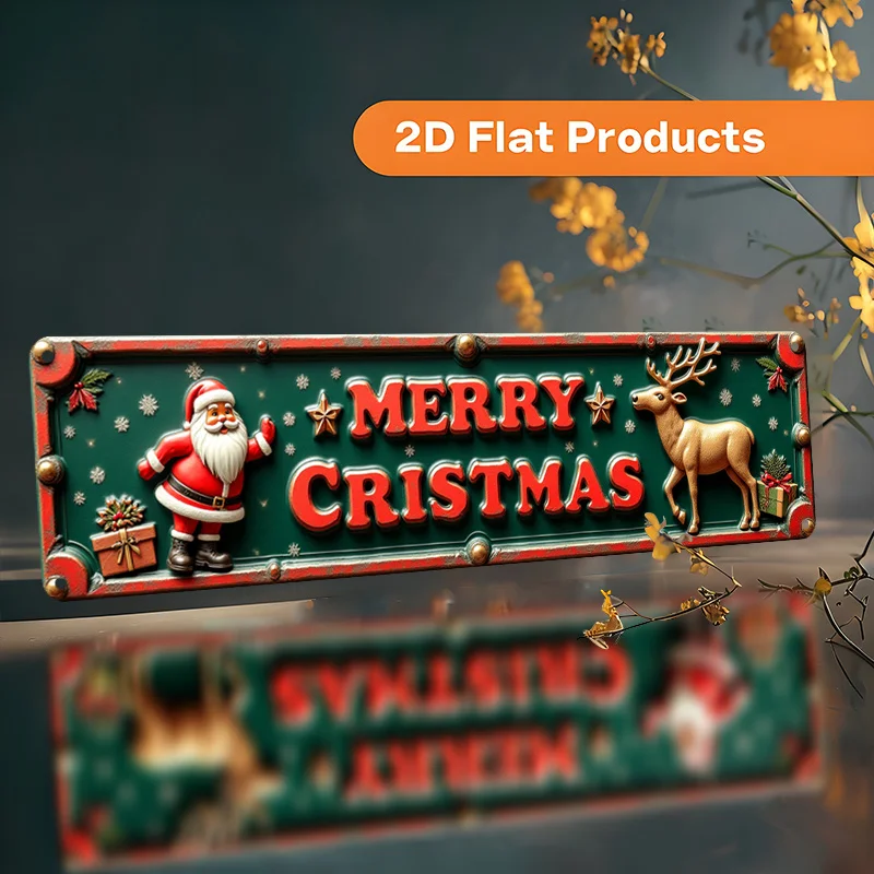 2D Flat, 1pc Vintage Christmas Wall Sign - Santa & Reindeer Holiday Decor with Merry Christmas Text - Durable Aluminum Metal