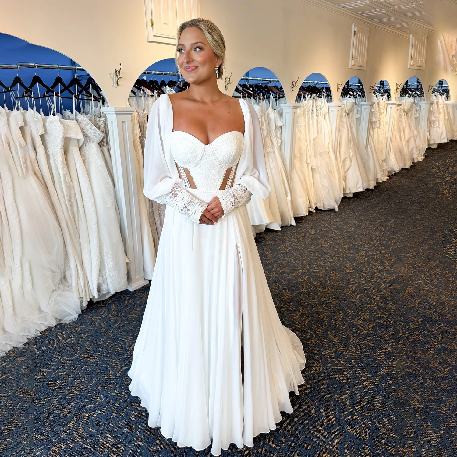 긴 퍼프 슬리브 Boho 쉬폰 우아한 신부 가운 높은 슬릿 Sweetheart 지퍼 라인 레이스 컷 아웃 맞춤형 웨딩 드레스