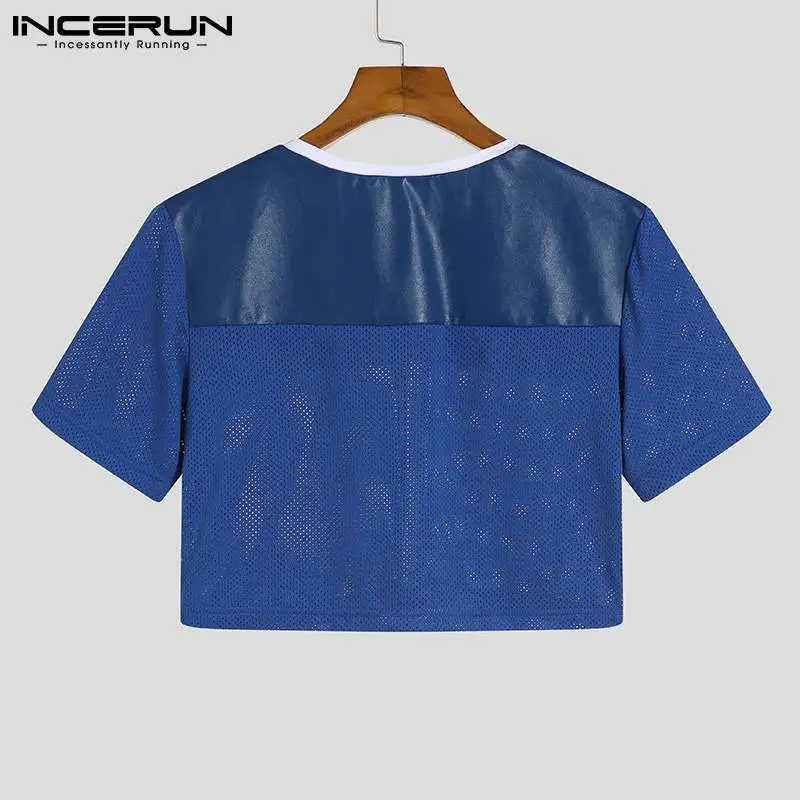 Fashion Men Crop Tops Patchwork See Through Sexy Short Sleeve T Shirts Streetwear 2023 Party Nightclub Men Clothing INCERUN 5XL