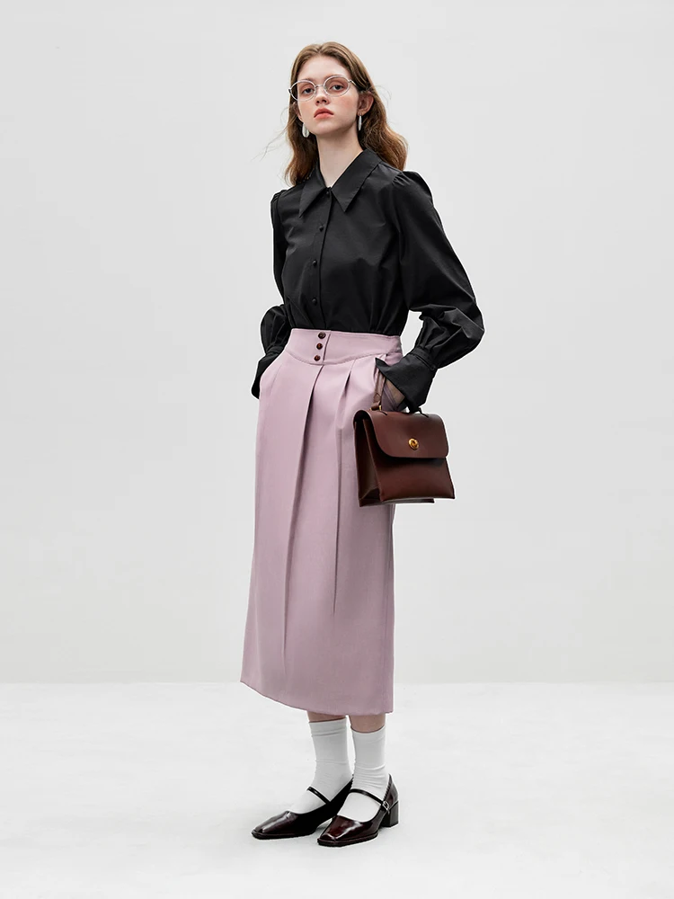 FSLE Pleated Desgign Women Solid Temperament A-LINE Skirts High Waist Rear Split Female Twill Long Skirt Office Lady Black Skirt