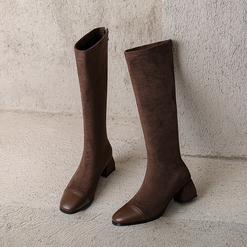 2024 new frosted elastic boots, mid heel round toe women's shoes, sizes 34-42.