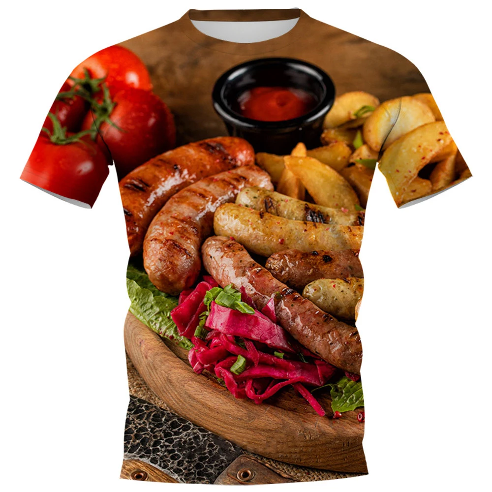 Funny Sausage Food 3D Print T-Shirts Men Women Casual O-Neck Short Sleeve T Shirt Oversized Harajuku Y2k Tops Tees Kids Clothing