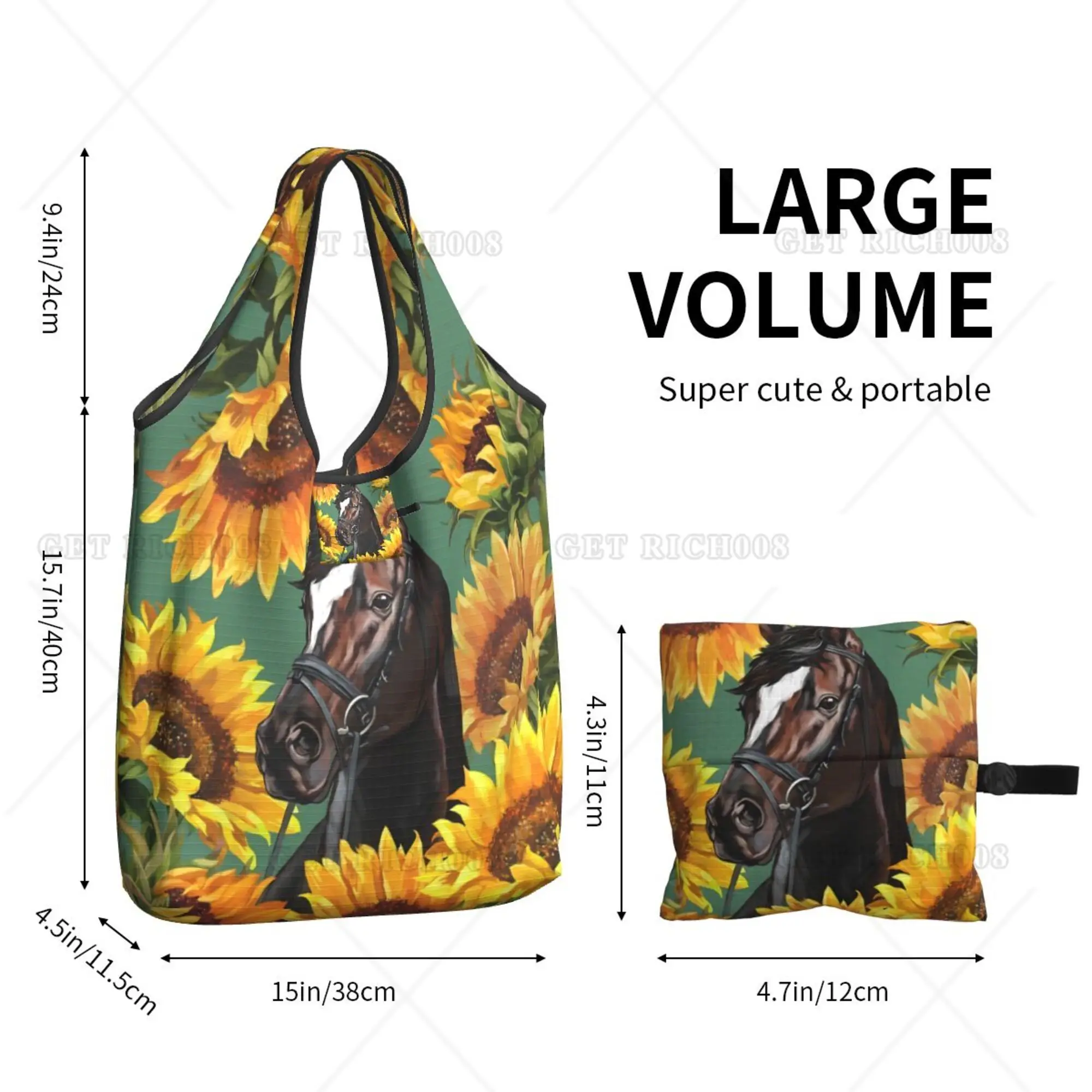 Sunflowers and Horse Foldable Shopper Bags Supermarket Bag for Men Women Girls Waterproof Polyester Printing Pattern One Size