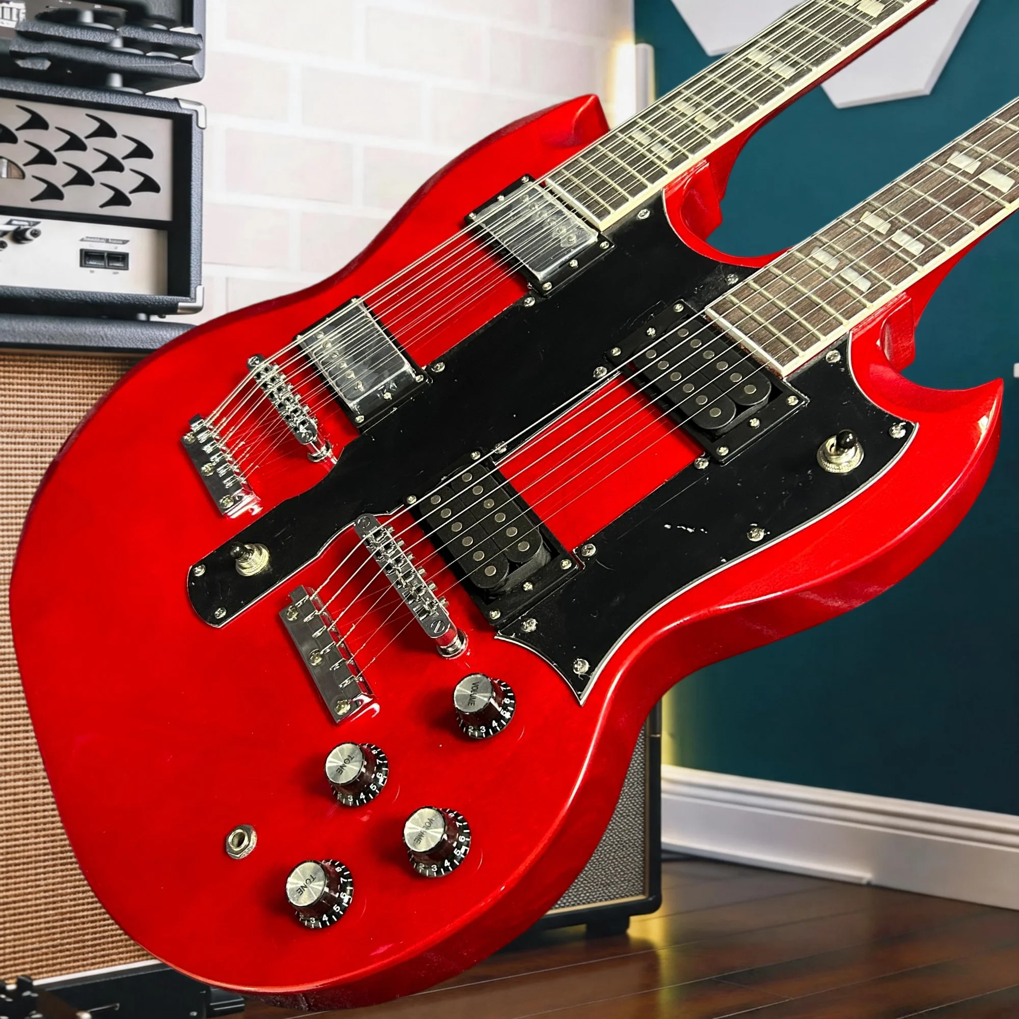 Gloss Cherry Red Double Neck SG Electric Guitar 6 String & 12 String Dual Humbucker Pickups Black Pickguard 4 Control Knobs
