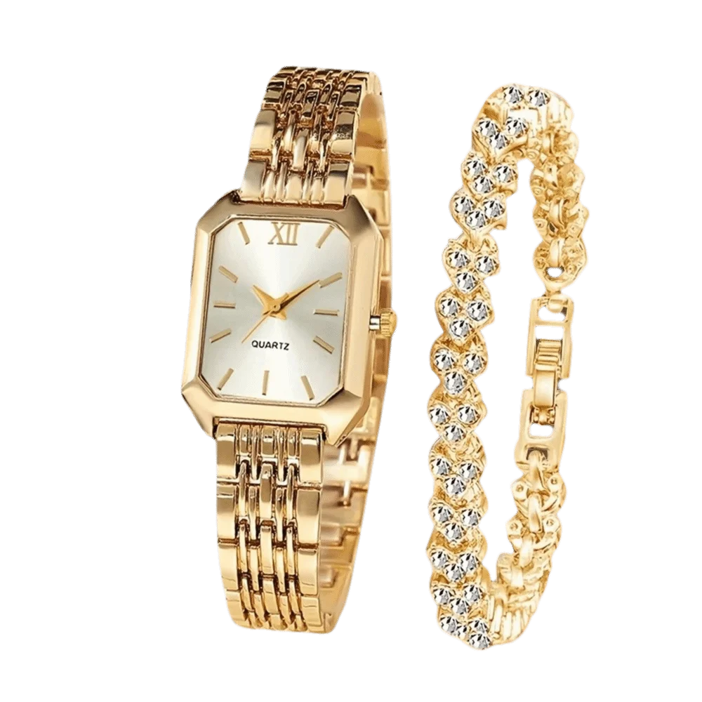 Fashion Stainless Steel Wristwatch Bracelet Set Folding buckle Rhinestone Women Wristwatch Square Quartz Quartz Watches Women
