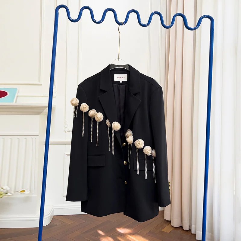 

2023 Fashion Design Autumn Spring Coat Lapel Blazer With Floral Tassels Elegant Medium Long Sleeve Loose Black Women Jacket
