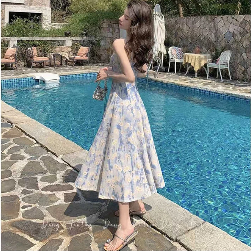 Sleeveless Dresses Women Vintage Sweet Floral Summer Dress Temper French Style Feminine Holiday Sundress Aesthetic Sexy Vestidos