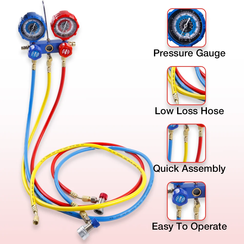 Car Air Conditioning Manifold Gauge Kit, Car Air Conditioning Refrigerant Charging Tool, 1/4" Connector, For R-134a Refrigerant