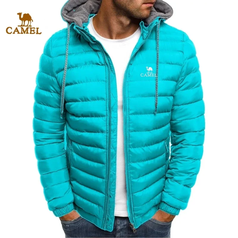 Autumn and Winter Men\'s Embroidered CAMEL Hooded Warm Cotton Jacket, New Fashionable Casual Outdoor Windproof Detachable Top