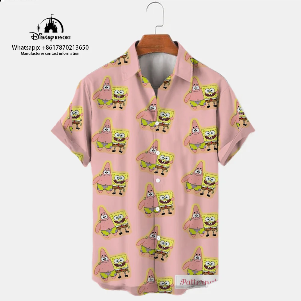 Zomer Schattige Spongebob Squarepants Anime Street Nieuwe Harajuku Casual Shirt Trendy Veelzijdige Heren Revers Shirt Met Korte Mouwen