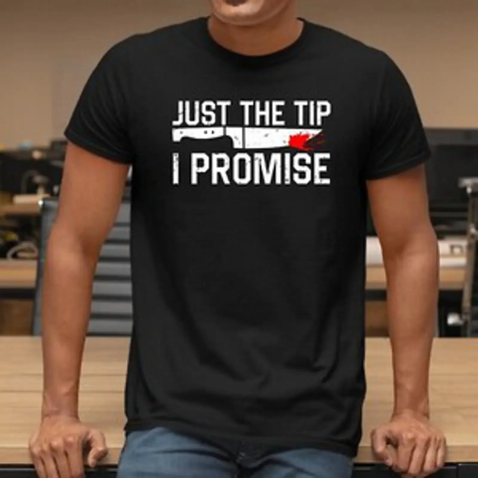 Herren T Shirt Just The Tip I Promise lustig Witz sarkastisches Design Halloween Top vintage Washed fashion Unisex