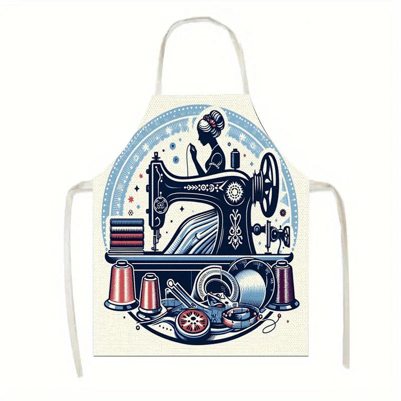 1pc Vintage Sewing Machine And Thread Spools Apron For Women Novelty Sewing Craft Cooking Bib Linen Material Unisex