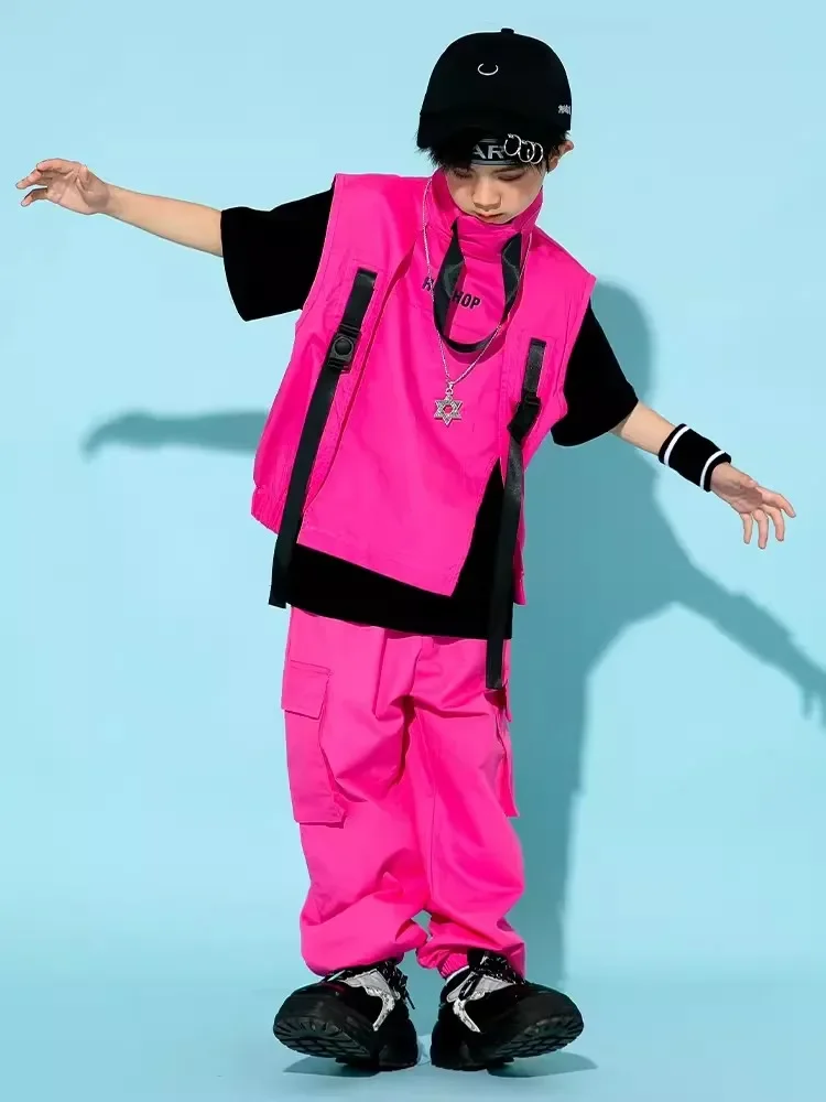 Children Hip Hop Costume Boys Girls Jazz Dance Fashion Clothing Pink Vest Pants Street Dance Drum Stage Performance Wear