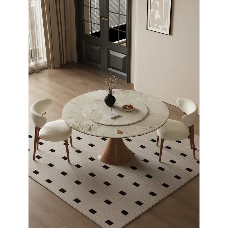Retro Travertine Rock Slab Small Round Table Solid Wood Black Walnut Dining Table for Household Small Apartment