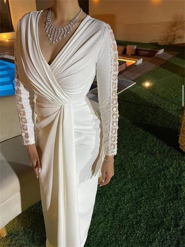 V-Neck High Slit Elegant Chiffon Evening Dresses Long White A-Line Party Dresses For Women 2023 Prom Dresses Graduation Dresses