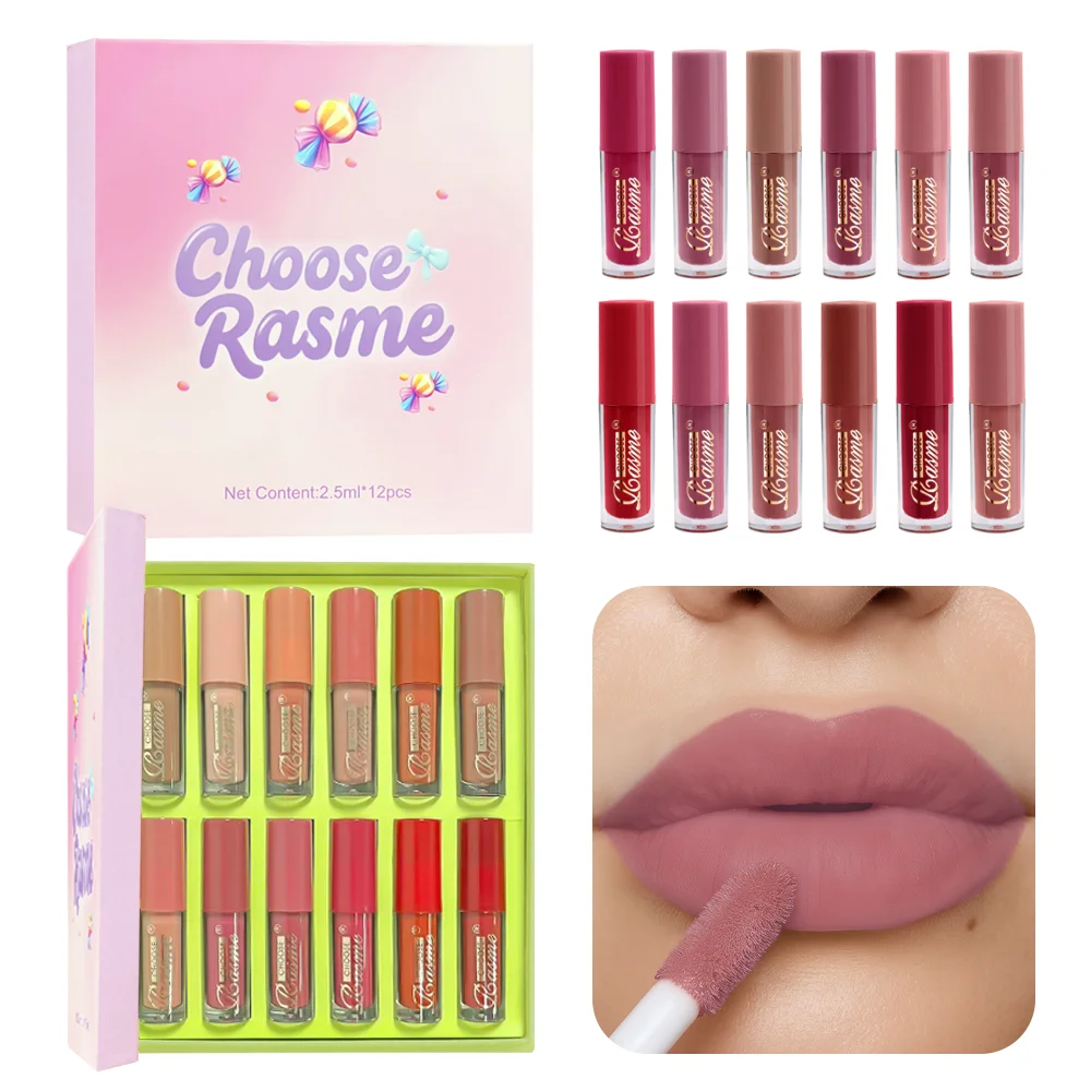 12-Farben-Lipgloss-Set, matt, samtig, langlebig, wasserdicht, koreanischer Lipgloss, feuchtigkeitsspendender flüssiger Lippenstift, Damenkosmetik