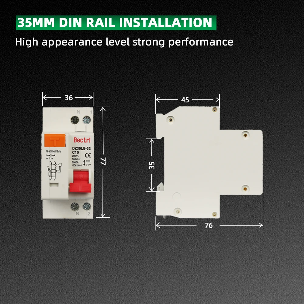 DZ30LE-32 RCBO 1P+N MCB 230V 36mm Residual Current Circuit Breaker with Over and Short Current Leakage Protection 16A 32A