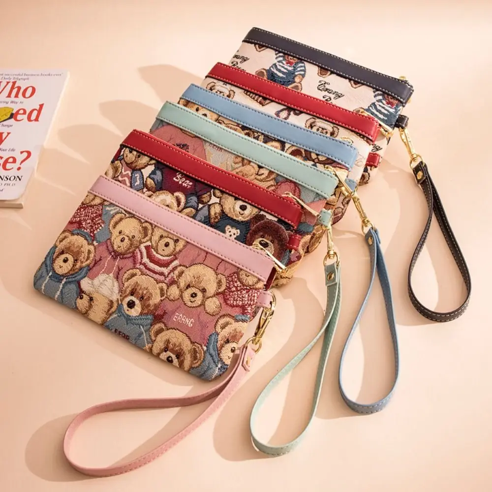 Simple Cartoon Bear Wallet Canvas Letter Women's Clutch Bag Contrasting Colors Mobile Phone Bag for Female Male Gifts