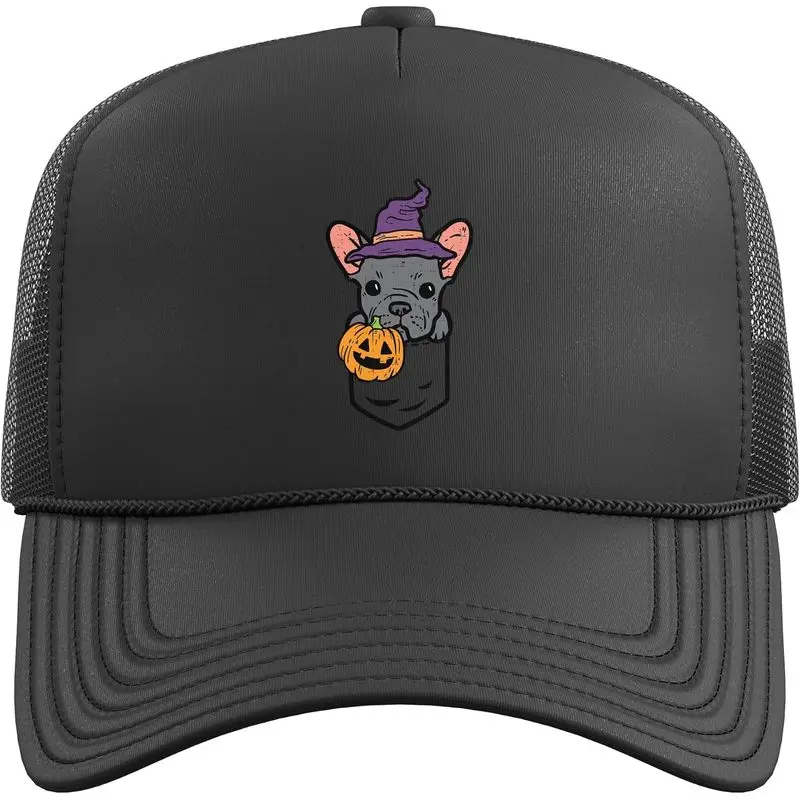 Pocket French Bulldgo Witch Pumpkin Halloween Frenchie Dog Trucker Hat with Adjustable Mesh Back