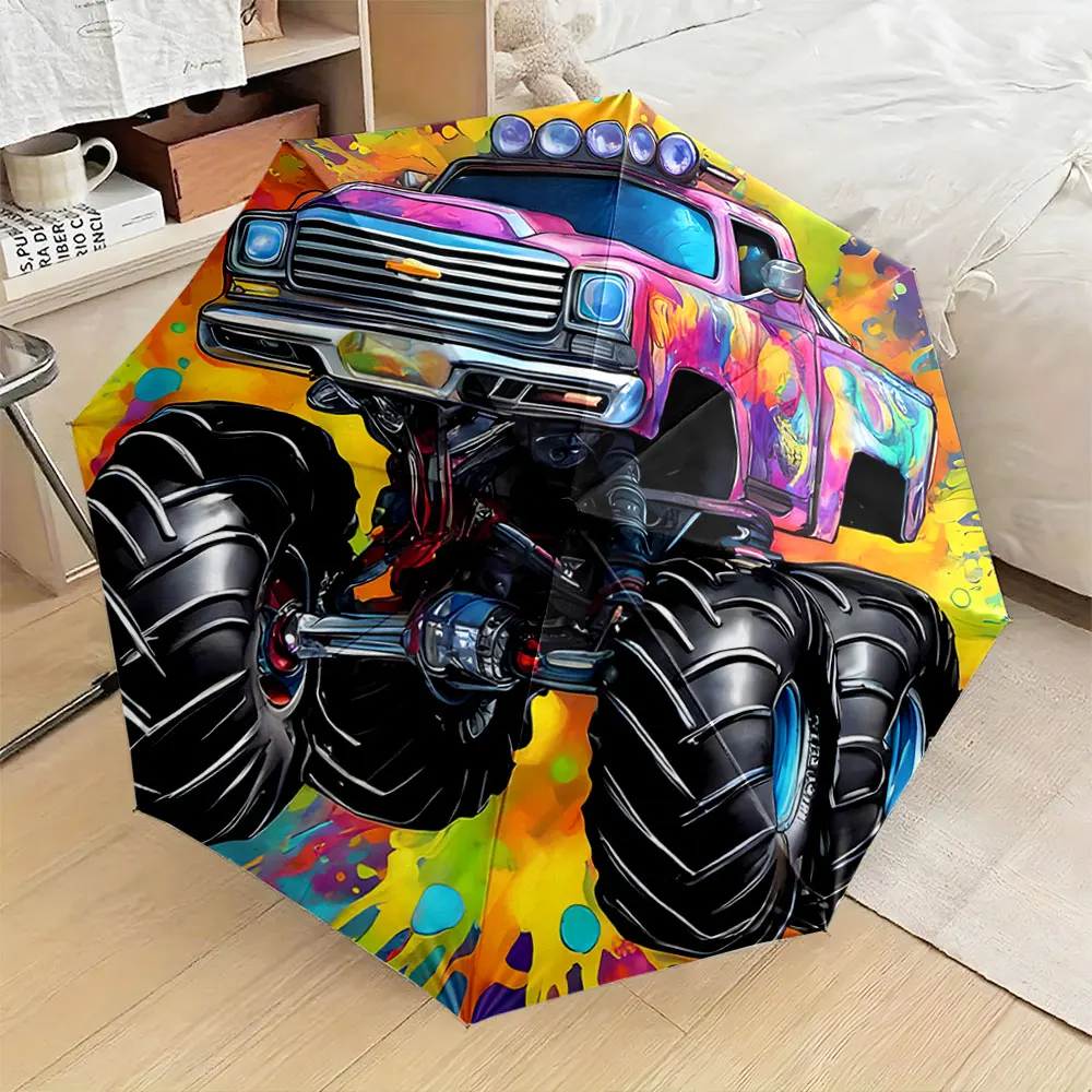 1PC Monster Truck-Themed Colorful Umbrella Design Print 8 Iron Ribs Folding Umbrella Auto-Open Fashion Sunshade