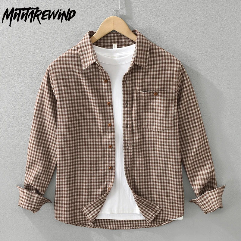 Spring Fall England Style Plaid Shirt Men Daily Causal Shirts Turn Down Collar Pocket Long Sleeve Coffee Shirt Man 2024 New Tops