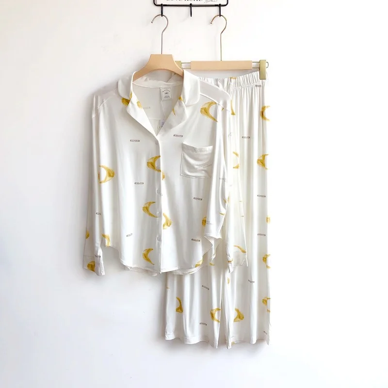 

Japanese Women's Pajama Sets 2022 New Sleepwear Turn Down Collar Print Pocket Long Sleeve Trousers Casual Home Wear