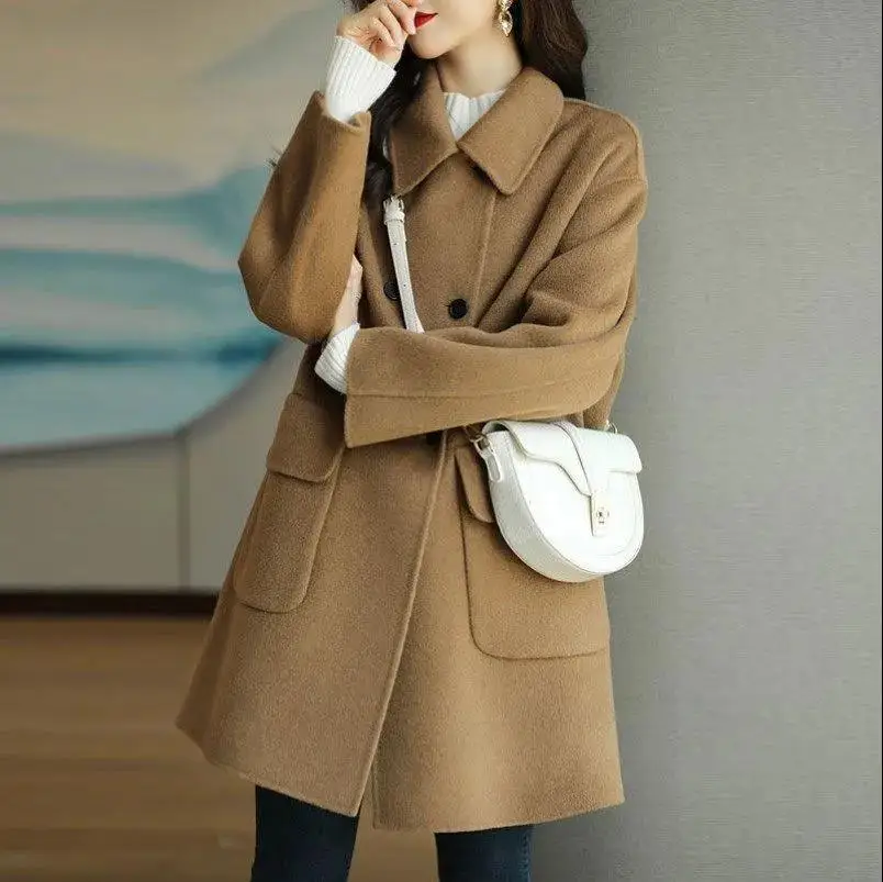 New Autumn Winter Women Woolen Coat Large Size Loose Woolen Coats Double-breasted Cashmere Woolen Long Overcoat Female