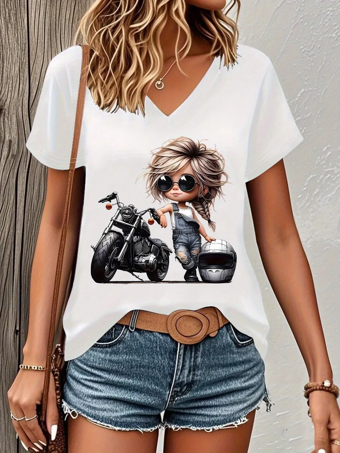 Fashion Motorcycle Vintage T-shirt V Neck Casual Y2k T Shirts Women Short Sleeve Tee Shirt V-Neck Summer Spring Top Tee