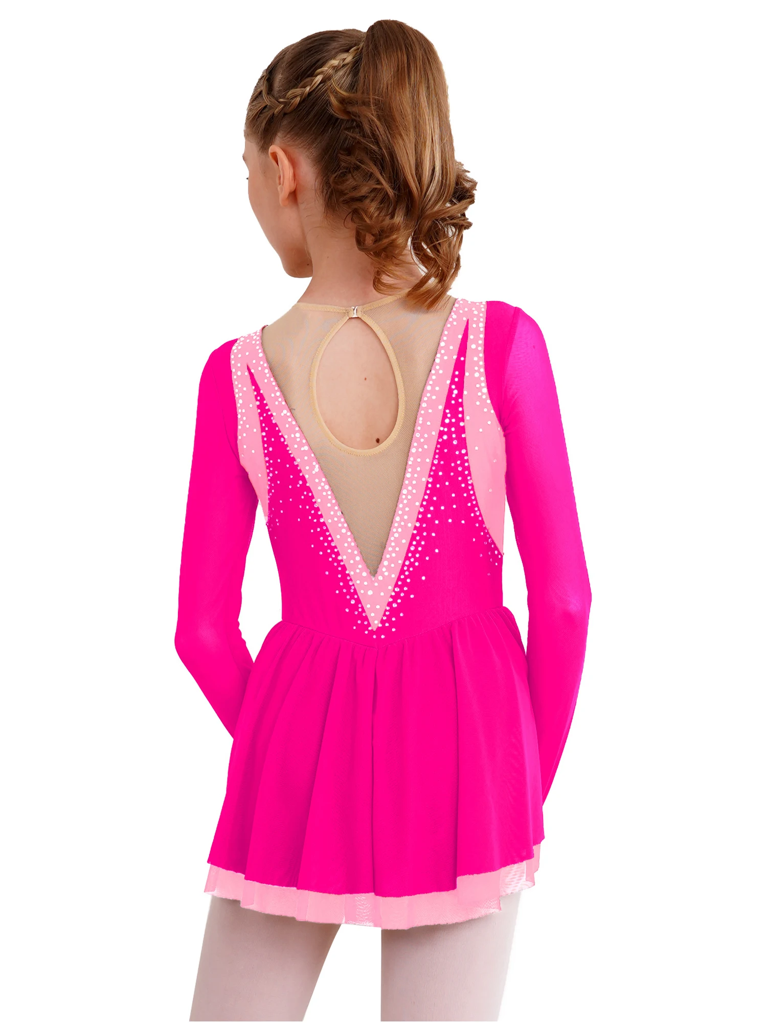 Girls Ballet Lyrical Dance Dress Rhythmic Gymnastics Leotard Mesh Tutu Dresses Long Sleeve Figure Ice Skating Dancewear