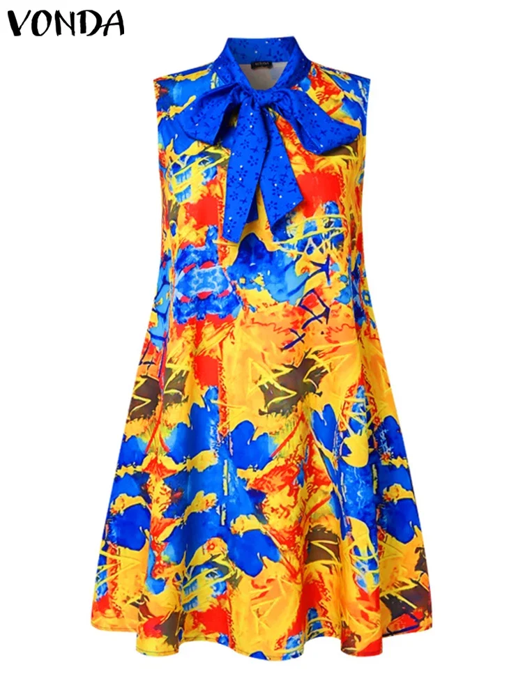 플러스 사이즈 5XL VONDA 여성 미니 드레스 2025 여름 선드레스 보헤미안 프린트 우아한 나비넥타이 캐주얼 민소매 비치 베스티도
