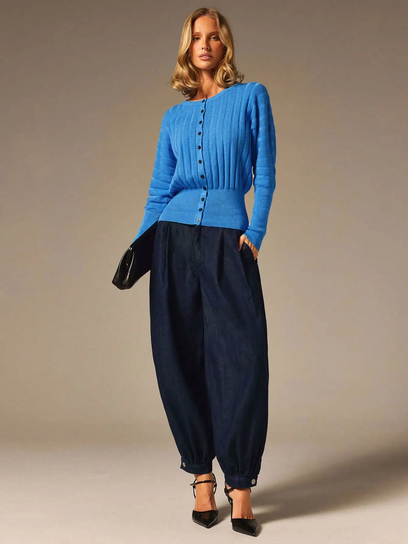 COSMINA Women's Elegant French Smart Ribbed Texture Cornflower Blue Knit Sweater Work Fall