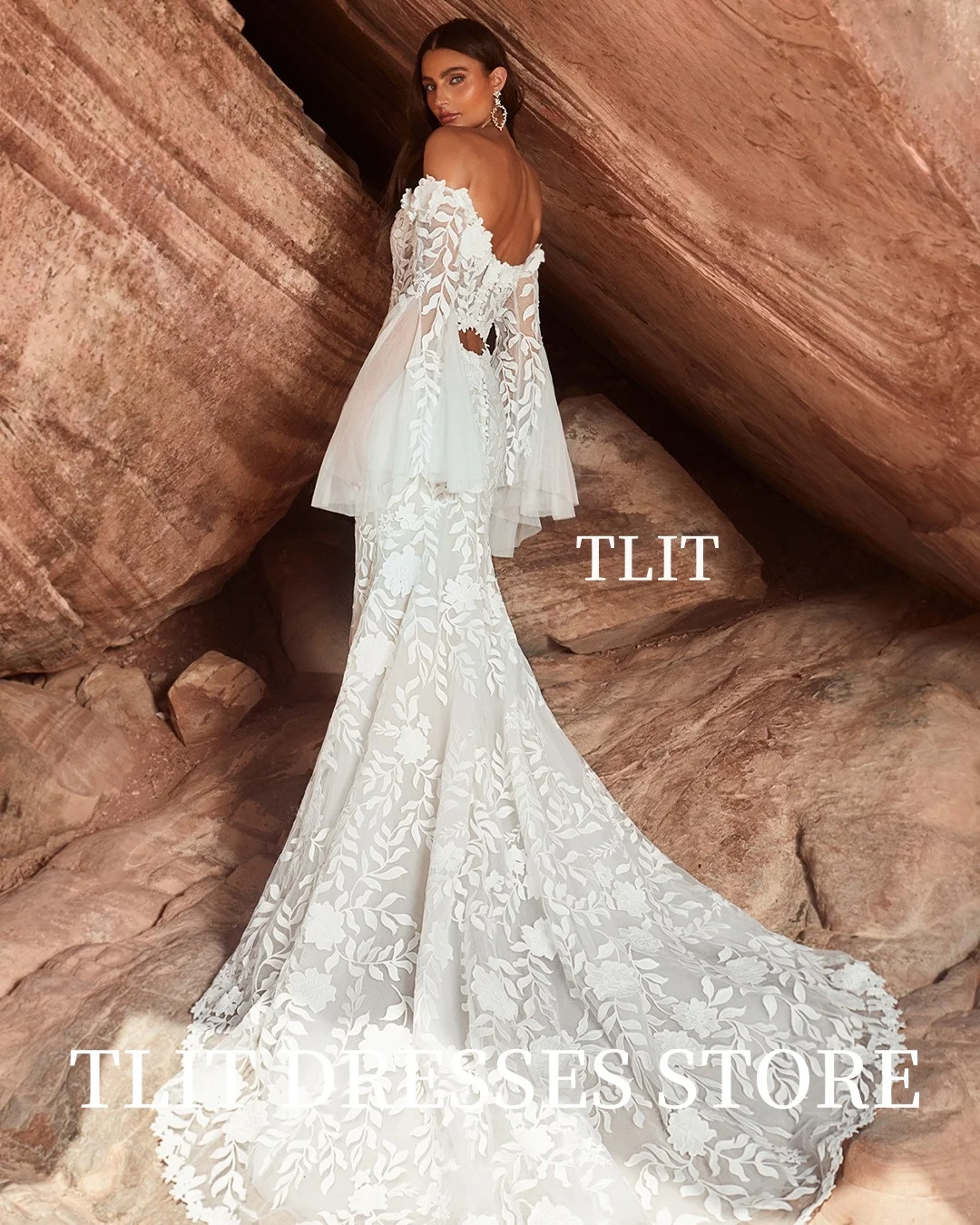 TLIT Abiti da sposa eleganti in pizzo Sweetheart con spalle scoperte Maniche svasate Abiti senza schienale Robe De Mariée Sweep Train personalizzato