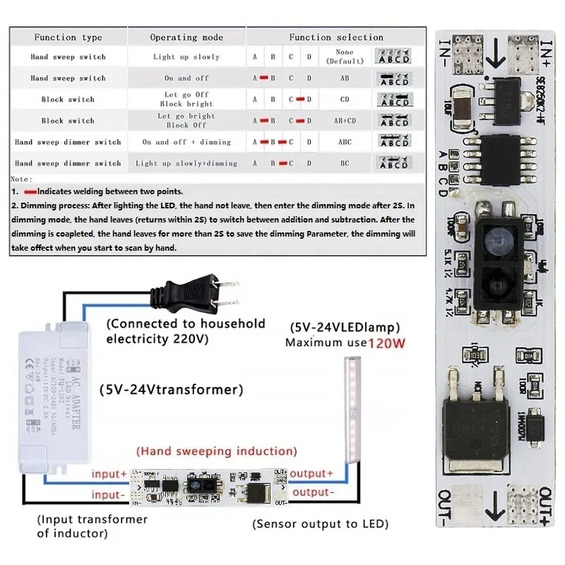 Short Distance Scan Sweep Hand Sensor Touch Switch Capacitive Module PIR Motion Sensor 5V-24V 5A 120W LED Dimming Control Lamps