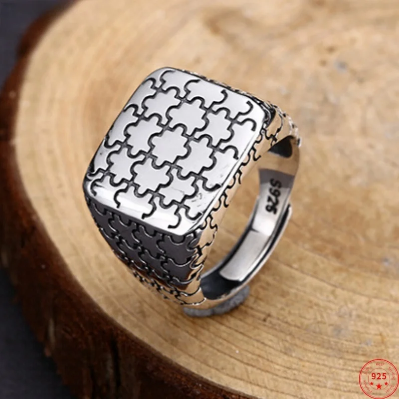 

S925 Sterling Silver Charms Rings for Men Women New Fashion Jigsaw Pattern Wide Punk Jewelry