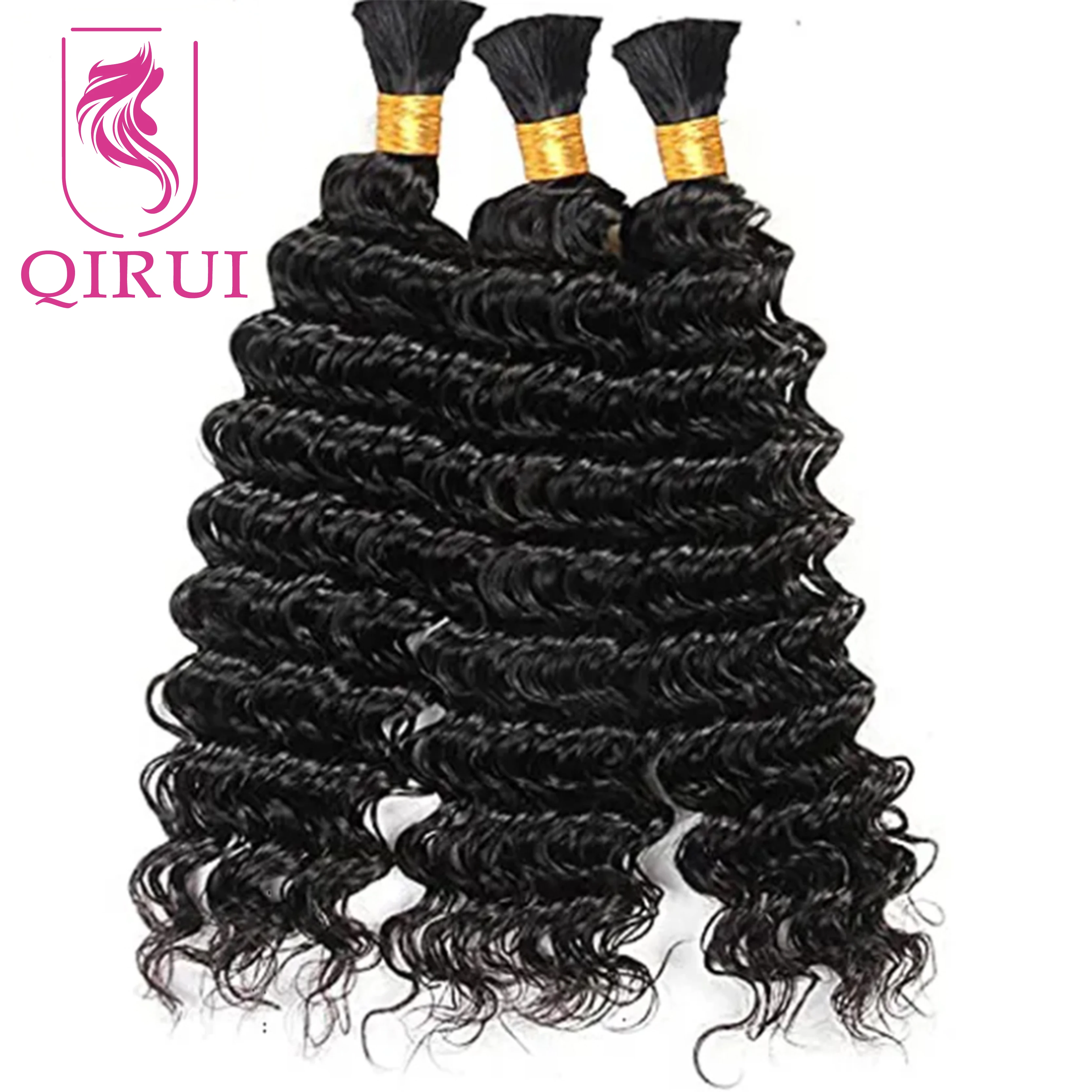 Bulk Human Hair For Braiding Deep Wave No Weft Double Drawn Wholesale Burmese Boho Braids Human Hair Extensions Natural Wave