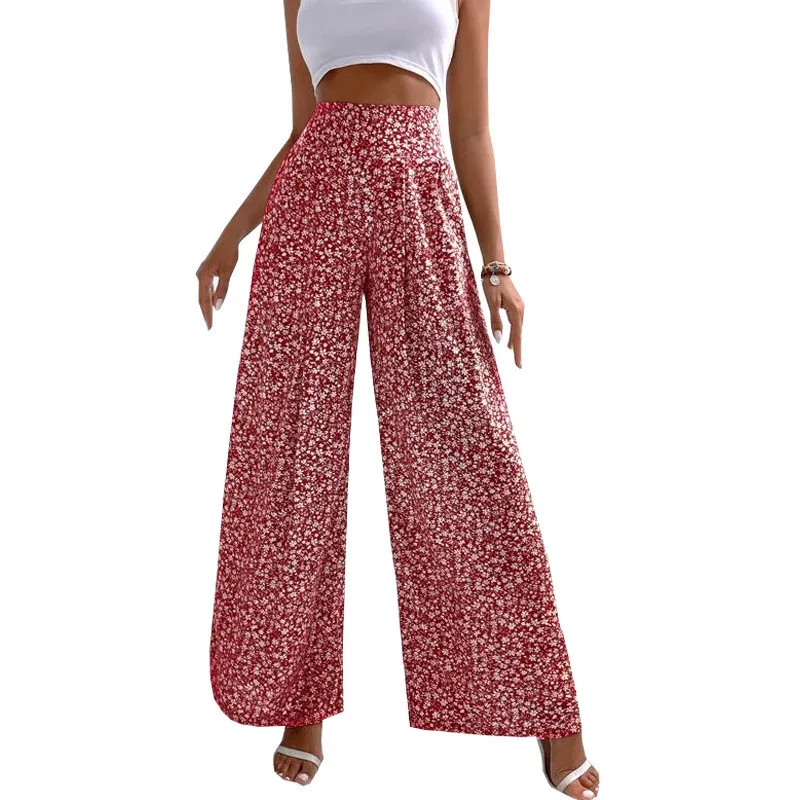 Elegant High Waist Small Floral Print Pants Women Spring Sumemr New Loose Pockets Wide Leg Pants Casual Office Trousers