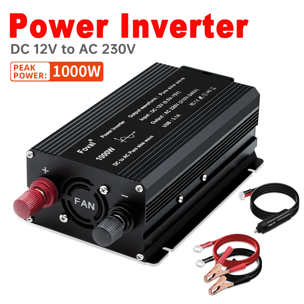 Foval Pure Sine Wave Inverter 12V 220V 230V, Power Inverter 1000W 1500W 2200W 2600W 3000W, 50Hz, Led Display, for Car
