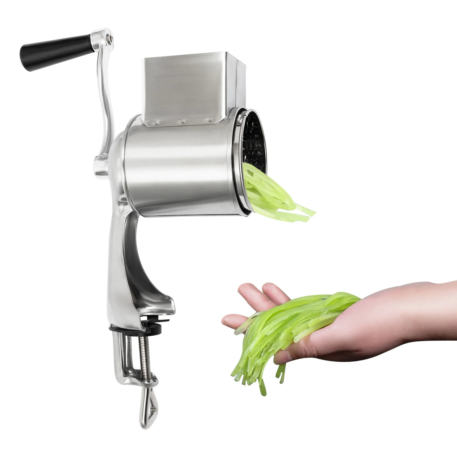 Manual Rotating Potato Grater Bean Cutter for Table Mounting Rustproof Vegetable Cutter with Screw Clamp 5 Drums Silver