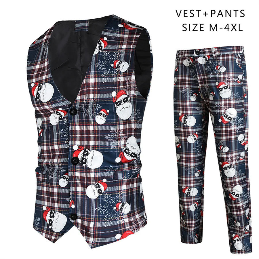 

Santa Claus Printed Men Suit Sets Vest and Pants 2 Pieces Set Casual Christmas Suits Male Party Cosplay Costumes Men's Outfit