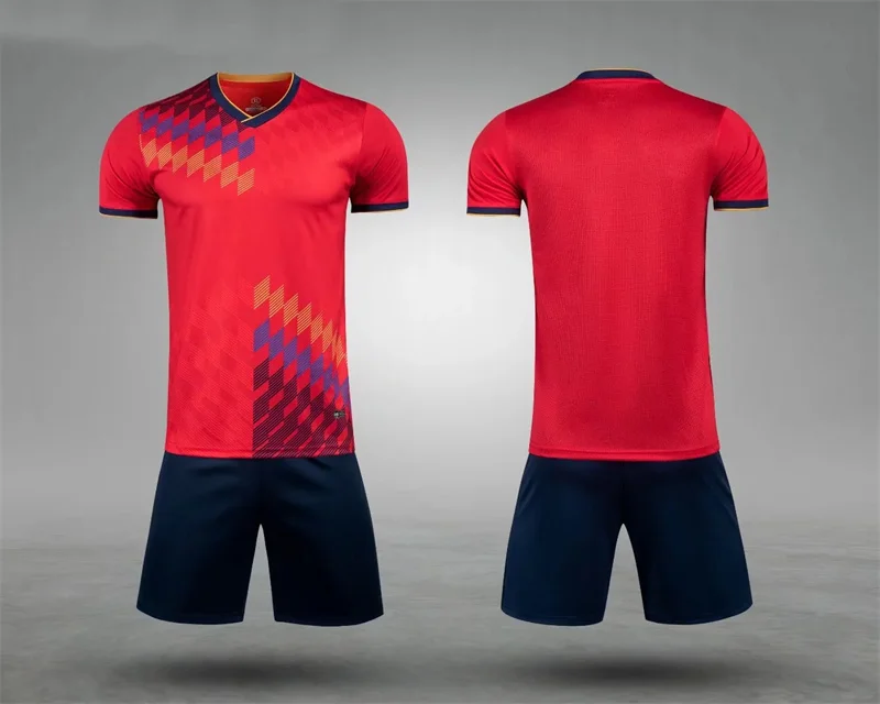 Summer brand football wear blue red white jersey custom short-sleeved T-shirt shorts set  8638