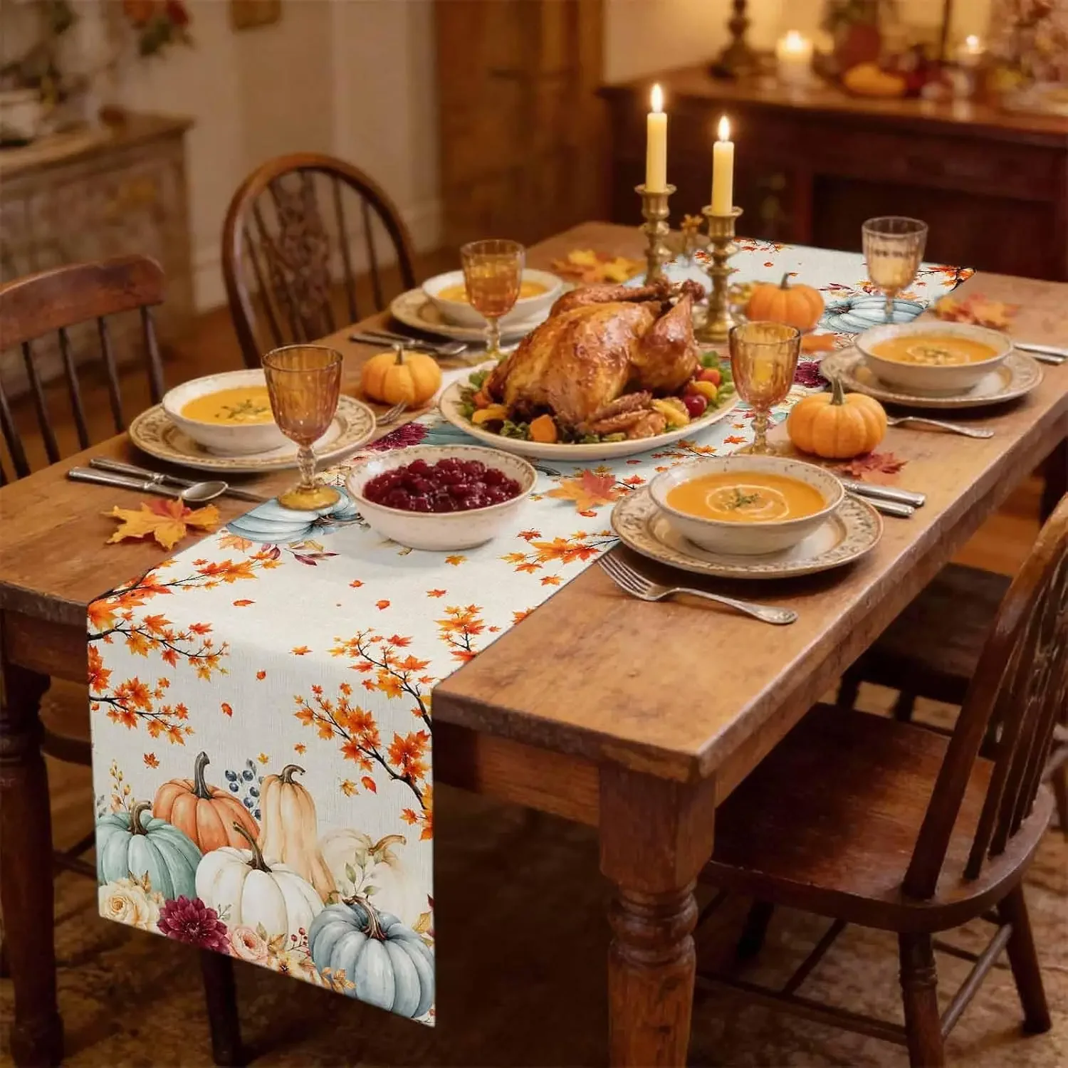 1Pc Autumn Harvest Pumpkin Maple Leaf Table Runner Beige Fall Foliage Gourd Print Table Cover For Dining Kitchen Party Decoratio